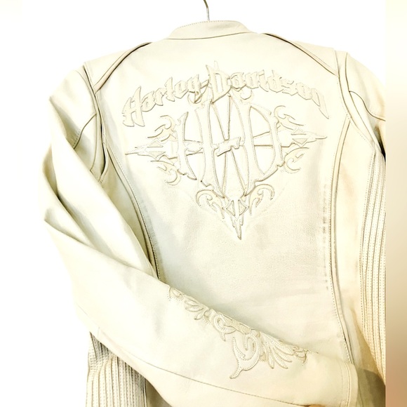100% GENUINE LEATHER CREAM HARLEY DAVIDSON BIKER MOTO JACKET SIZE SMALL - Picture 7 of 7